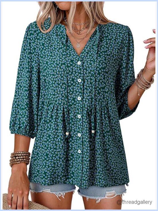 Tops - Boho Floral Button Down Peplum Babydoll Blouse Top